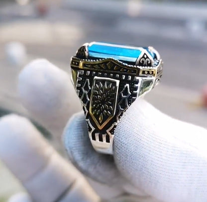 Gental Gems by Karat Kings | Unique Designed Turkish Style Ring with Natural Blue Topaz |  Sterling Silver Oxidized Ring