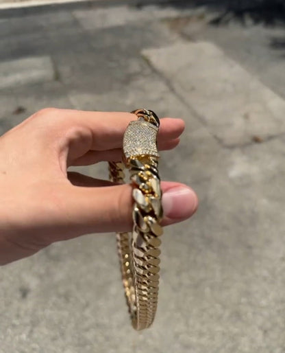 Gental Gems by Karat Kings | Custom 12mm Solid Miami Cuban Link Chain with Curved Iced Lock |  Gold Micron Plated  Sterling Silver Chain
