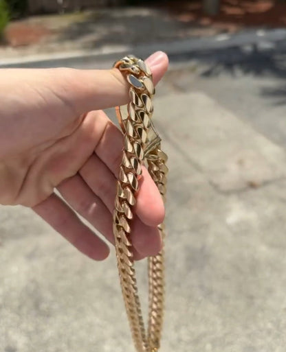 Gental Gems by Karat Kings | Custom 12mm Solid Miami Cuban Link Chain with Curved Iced Lock |  Gold Micron Plated  Sterling Silver Chain