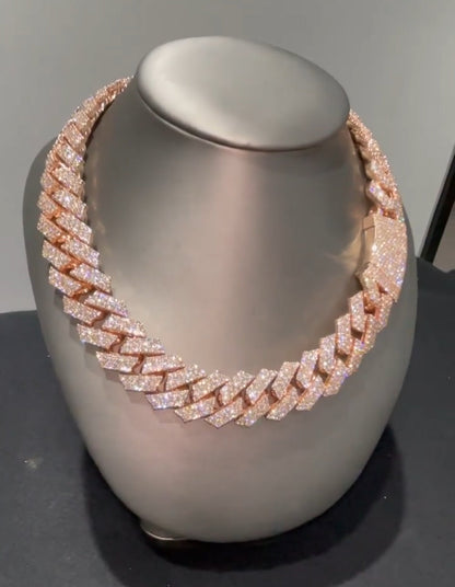 Gental Gems by Karat Kings | 18mm Wide Solid Miami Cuban Link Chain Studded WITH VVS Moissanite|  Rose Gold Micron Plated  Sterling Silver Chain