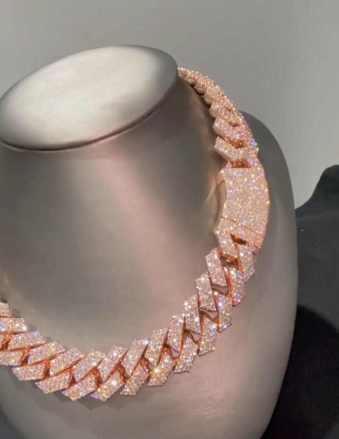 Gental Gems by Karat Kings | 18mm Wide Solid Miami Cuban Link Chain Studded WITH VVS Moissanite|  Rose Gold Micron Plated  Sterling Silver Chain
