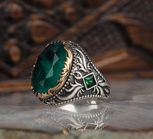 Unique Designed Turkish Style Ring with 8.5ct Natural Emerald |  Sterling Silver Oxidized Ring | With Certificate of Authenticity and  Hallmark