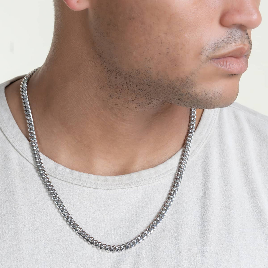 Gental Gems by Karat Kings | Solid 8mm Miami Cuban Link Chain with Plain Lock (Rhodium Plated) |  Sterling Silver Chain