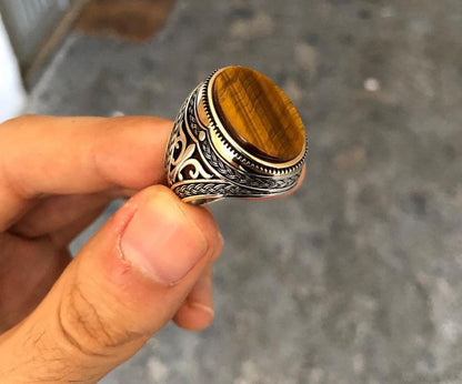 Gental Gems by Karat Kings | Unique Designed Turkish Style Ring with Natural Tiger Eye |  Sterling Silver Oxidized Ring