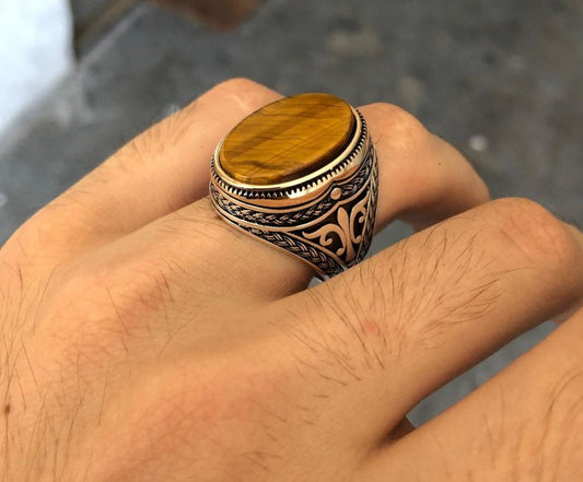 Gental Gems by Karat Kings | Unique Designed Turkish Style Ring with Natural Tiger Eye |  Sterling Silver Oxidized Ring | Men's Jewelry | With Certificate of Authenticity and  Hallmark