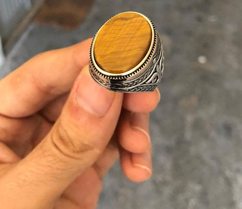 Gental Gems by Karat Kings | Unique Designed Turkish Style Ring with Natural Tiger Eye |  Sterling Silver Oxidized Ring