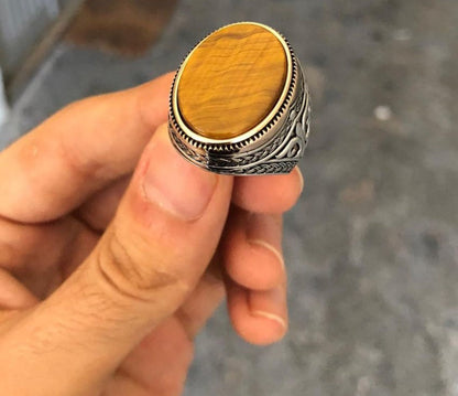 Gental Gems by Karat Kings | Unique Designed Turkish Style Ring with Natural Tiger Eye |  Sterling Silver Oxidized Ring