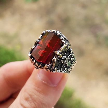 Gental Gems by Karat Kings | Unique Designed Turkish Style Ring with Multifaceted Red Zirconia |  Sterling Silver Oxidized Ring | Men's Jewelry | With Certificate of Authenticity and  Hallmark