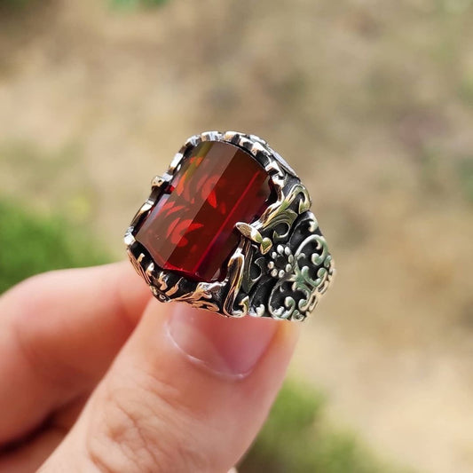 Gental Gems by Karat Kings | Unique Designed Turkish Style Ring with Multifaceted Red Zirconia |  Sterling Silver Oxidized Ring | Men's Jewelry | With Certificate of Authenticity and  Hallmark