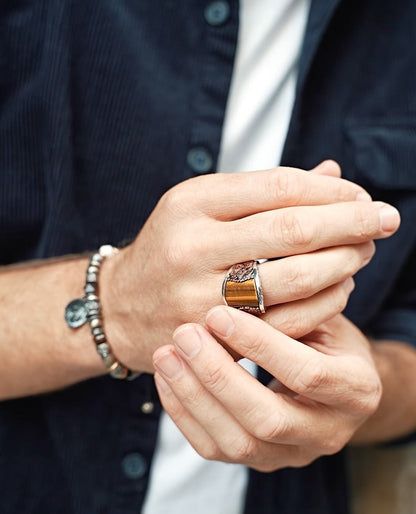 Gental Gems by Karat Kings | Unique Designed Turkish Style Curved Ring with Natural Tiger Eye |  Sterling Silver Gold Plated Ring