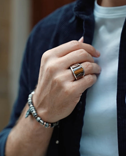Gental Gems by Karat Kings | Unique Designed Turkish Style Curved Ring with Natural Tiger Eye |  Sterling Silver Gold Plated Ring