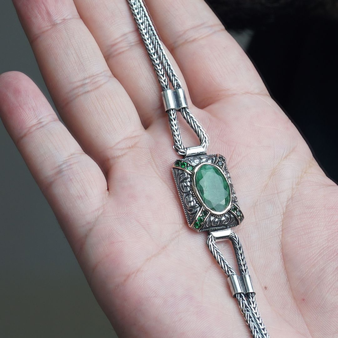 Gental Gems by Karat Kings | Unique Green Emerald hand beaded chain Bracelet for Men | Oxidized 925 Silver Bracelet Jewelry Authenticity and 925