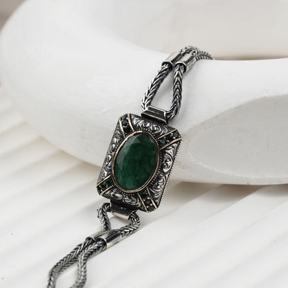 Gental Gems by Karat Kings | Unique Green Emerald hand beaded chain Bracelet for Men | Oxidized  Silver Bracelet