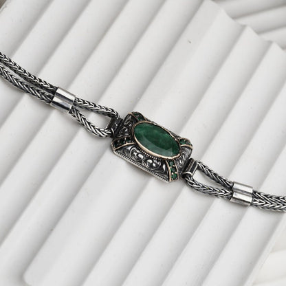 Gental Gems by Karat Kings | Unique Green Emerald hand beaded chain Bracelet for Men | Oxidized  Silver Bracelet