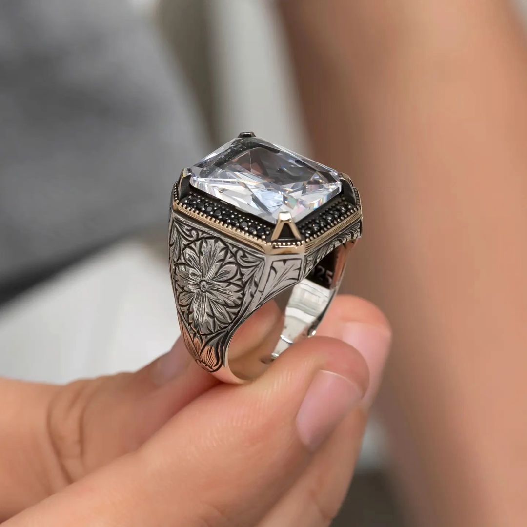 Gental Gems by Karat Kings | Unique Designed Turkish Style Ring with White Zirconia | 925 Sterling Silver Oxidized Ring | Men's Jewelry | With Certificate of Authenticity and 925 Hallmark