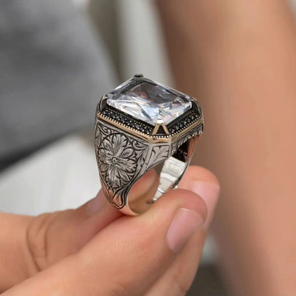 Gental Gems by Karat Kings | Unique Designed Turkish Style Ring with White Zirconia | 925 Sterling Silver Oxidized Ring | Men's Jewelry | With Certificate of Authenticity and 925 Hallmark