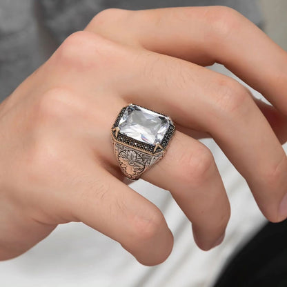 Gental Gems by Karat Kings | Unique Designed Turkish Style Ring with White Zirconia |  Sterling Silver Oxidized Ring