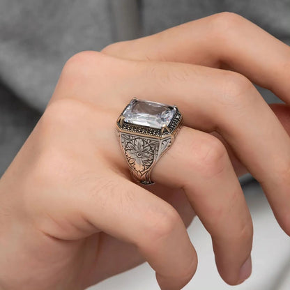 Gental Gems by Karat Kings | Unique Designed Turkish Style Ring with White Zirconia | 925 Sterling Silver Oxidized Ring | Men's Jewelry | With Certificate of Authenticity and 925 Hallmark