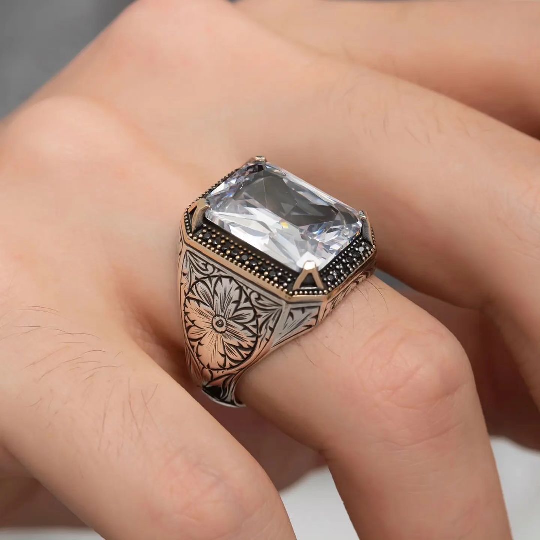 Gental Gems by Karat Kings | Unique Designed Turkish Style Ring with White Zirconia |  Sterling Silver Oxidized Ring