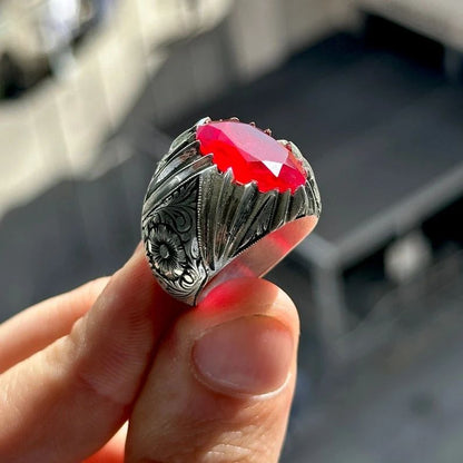 Gental Gems by Karat Kings | Unique Designed Ring with Natural Red Ruby |  Sterling Silver Oxidized Ring