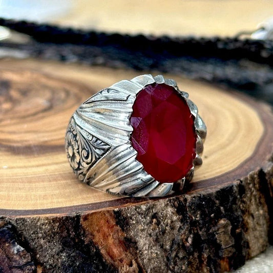 Gental Gems by Karat Kings | Unique Designed Ring with Natural Red Ruby |  Sterling Silver Oxidized Ring | Men's Jewelry | With Certificate of Authenticity and  Hallmark