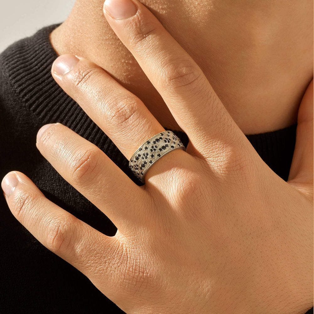Gental Gems by Karat Kings | Exclusive Streamline Band Ring Studded with Black Swarovski for Men, Oxidized Sterling Silver  Ring | Jewellery for Men