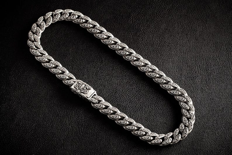 Gental Gems by Karat Kings | 16mm Wide Solid Floral Cuban Chain link Necklace | Oxidised  Sterling Silver Bracelet | Men's Jewelry | With Certificate of Authenticity and  Hallmark