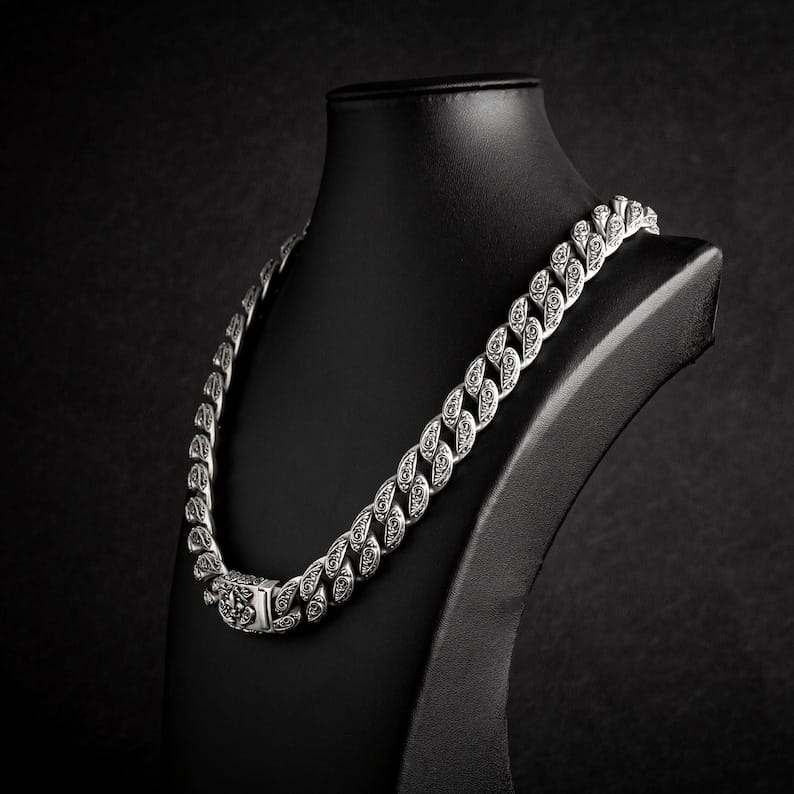 Gental Gems by Karat Kings | 16mm Wide Solid Floral Cuban Chain link Necklace | Oxidised  Sterling Silver Bracelet | Men's Jewelry | With Certificate of Authenticity and  Hallmark