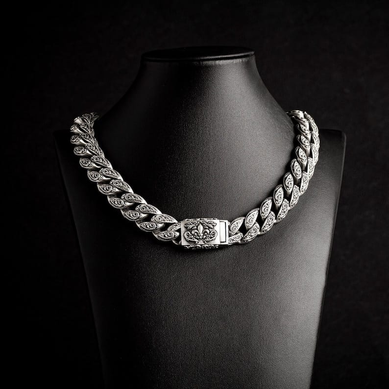 Gental Gems by Karat Kings | 16mm Wide Solid Floral Cuban Chain link Necklace | Oxidised  Sterling Silver Bracelet | Men's Jewelry | With Certificate of Authenticity and  Hallmark