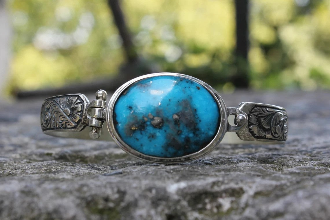Hand-Engraved Bracelet Cuff with 35 Ct Natural Irani Turquoise |  Sterling Silver Bracelet Authenticity and