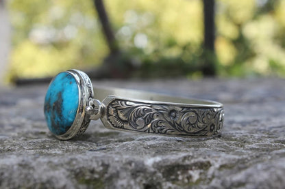 Hand-Engraved Bracelet Cuff with 35 Ct Natural Irani Turquoise |  Sterling Silver Bracelet Authenticity and
