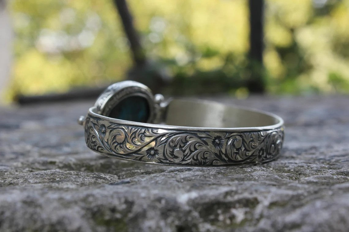 Hand-Engraved Bracelet Cuff with 35 Ct Natural Irani Turquoise |  Sterling Silver Bracelet Authenticity and