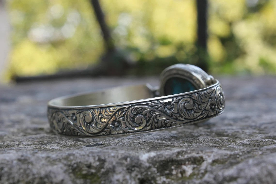Hand-Engraved Bracelet Cuff with 35 Ct Natural Irani Turquoise |  Sterling Silver Bracelet Authenticity and