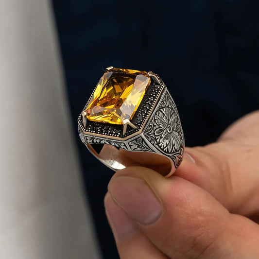 Rectangular Designed Turkish Style Ring with 13 ct Natural Yellow Citrine , Sterling Silver Oxidized Ring | With Certificate of Authenticity and  Hallmark
