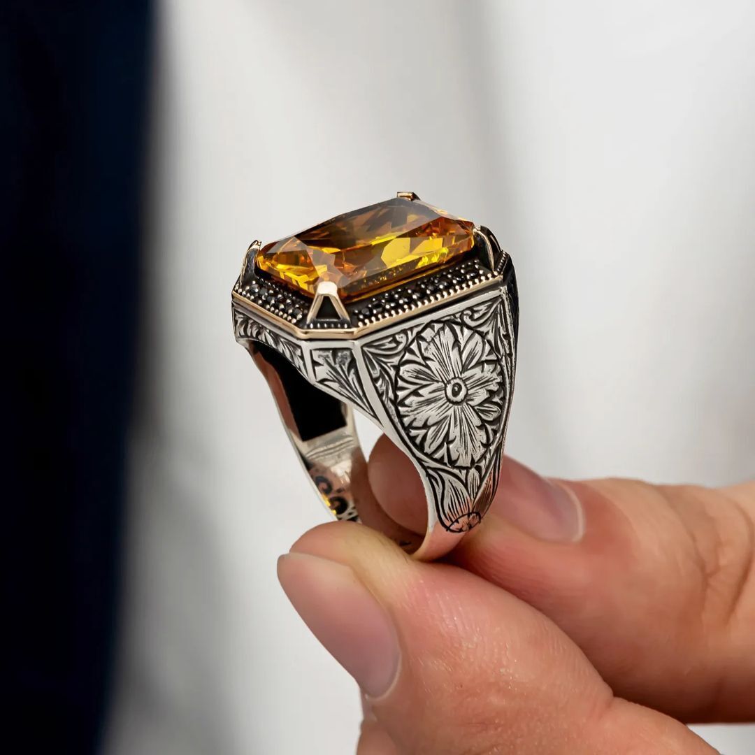 Rectangular Designed Turkish Style Ring with 13 ct Natural Yellow Citrine , Sterling Silver Oxidized Ring | With Certificate of Authenticity and  Hallmark