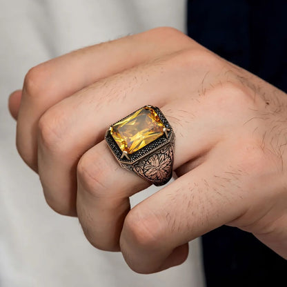 Rectangular Designed Turkish Style Ring with 13 ct Natural Yellow Citrine , Sterling Silver Oxidized Ring | With Certificate of Authenticity and  Hallmark
