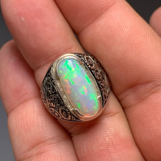 Unique Designed Turkish Style Ring with 15 carats Ethiopean Opal |  Sterling Silver Oxidized Ring | With Certificate of Authenticity and  Hallmark
