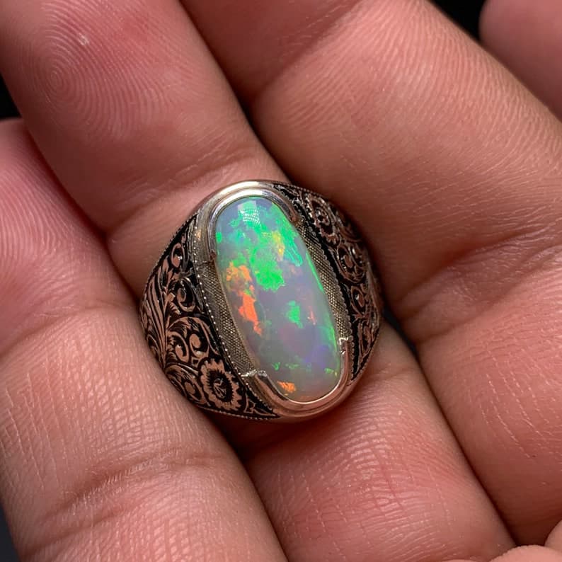 Unique Designed Turkish Style Ring with 15 carats Ethiopean Opal |  Sterling Silver Oxidized Ring | With Certificate of Authenticity and  Hallmark