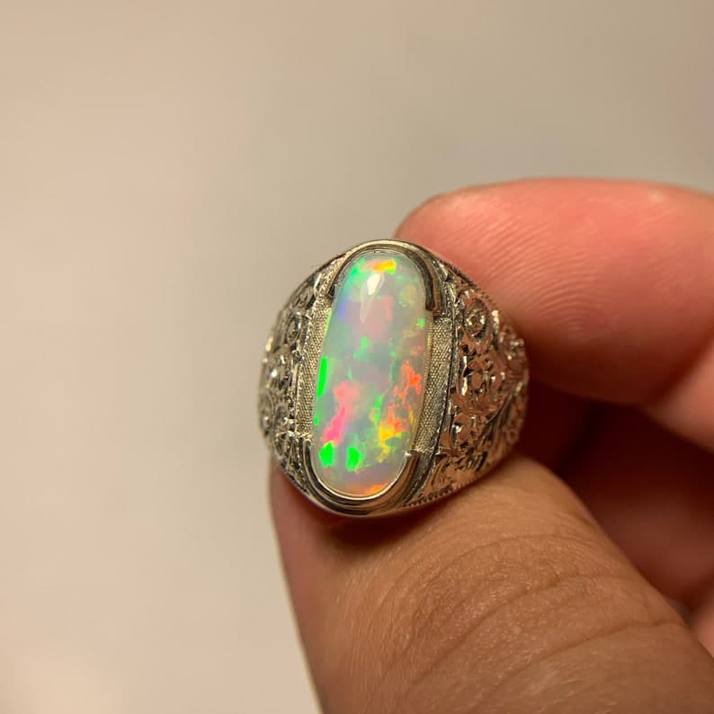 Unique Designed Turkish Style Ring with 15 carats Ethiopean Opal |  Sterling Silver Oxidized Ring | With Certificate of Authenticity and  Hallmark