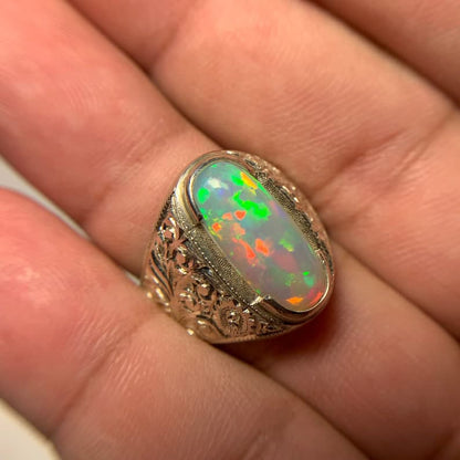 Unique Designed Turkish Style Ring with 15 carats Ethiopean Opal |  Sterling Silver Oxidized Ring | With Certificate of Authenticity and  Hallmark