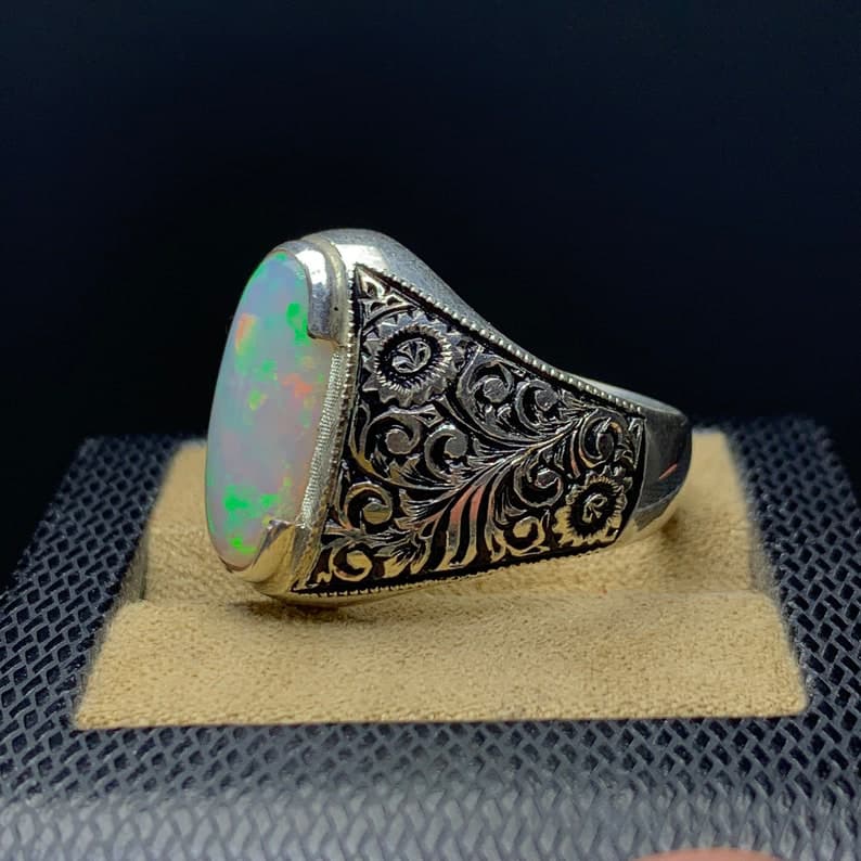 Unique Designed Turkish Style Ring with 15 carats Ethiopean Opal |  Sterling Silver Oxidized Ring | With Certificate of Authenticity and  Hallmark