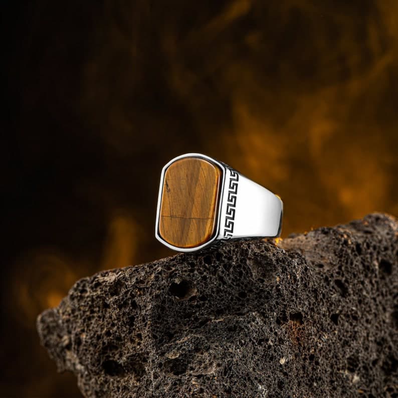Turkish Style Ring with Natural Tiger Eye Stone |  Sterling Silver Oxidized Ring | With Certificate of Authenticity and  Hallmark