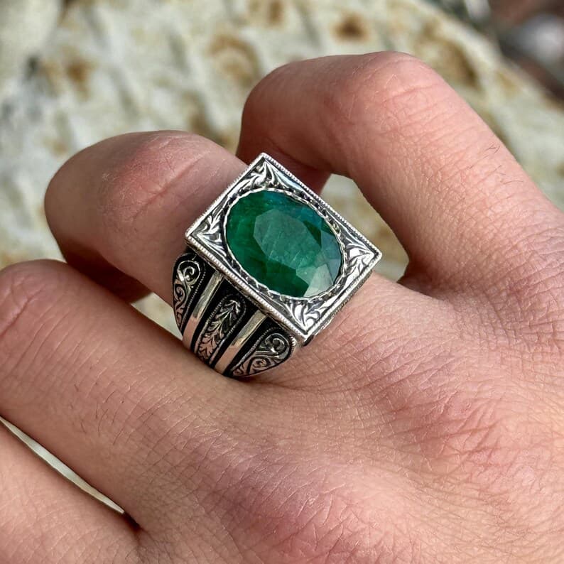 Gental Gems by Karat Kings | Unique Designed Turkish Style Ring with Emerald |  Sterling Silver Oxidized Ring