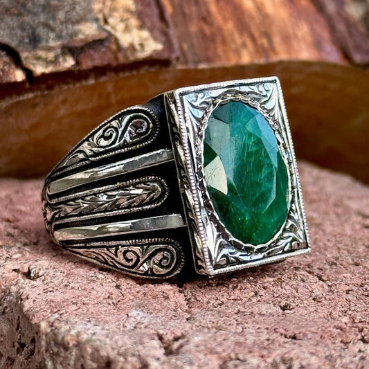 Gental Gems by Karat Kings | Unique Designed Turkish Style Ring with Emerald |  Sterling Silver Oxidized Ring | Men's Jewelry | With Certificate of Authenticity and  Hallmark
