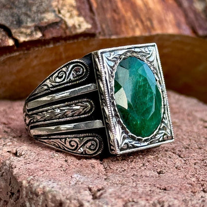Gental Gems by Karat Kings | Unique Designed Turkish Style Ring with Emerald |  Sterling Silver Oxidized Ring