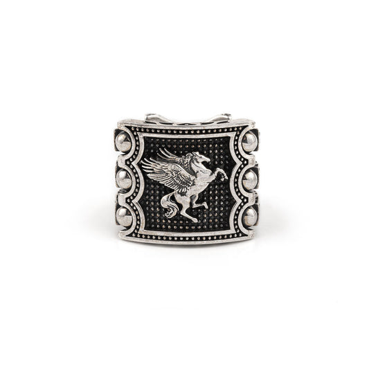 Premium Horse (Pegasus) Vintage Byzantine Style Signet Ring, Oxidized Sterling Silver  Ring | With Certificate of Authenticity and  Hallmark