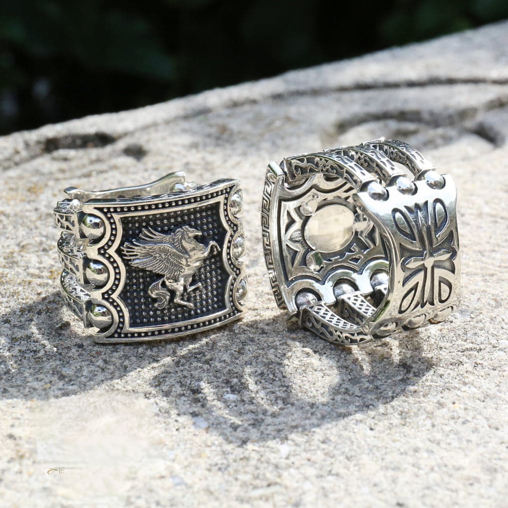 Premium Horse (Pegasus) Vintage Byzantine Style Signet Ring, Oxidized Sterling Silver  Ring | With Certificate of Authenticity and  Hallmark