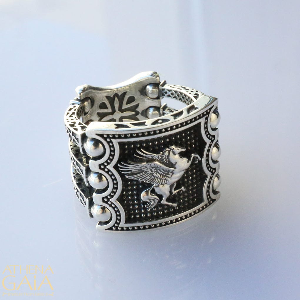 Premium Horse (Pegasus) Vintage Byzantine Style Signet Ring, Oxidized Sterling Silver  Ring | With Certificate of Authenticity and  Hallmark