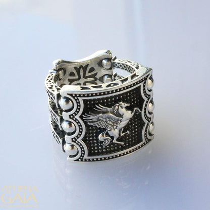 Premium Horse (Pegasus) Vintage Byzantine Style Signet Ring, Oxidized Sterling Silver  Ring | With Certificate of Authenticity and  Hallmark