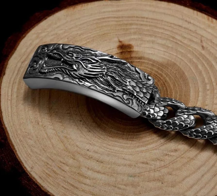 16mm wide Unique Embossed Dragon Bracelet for Men |  Sterling Silver Bracelet | With Certificate of Authenticity and  Hallmark